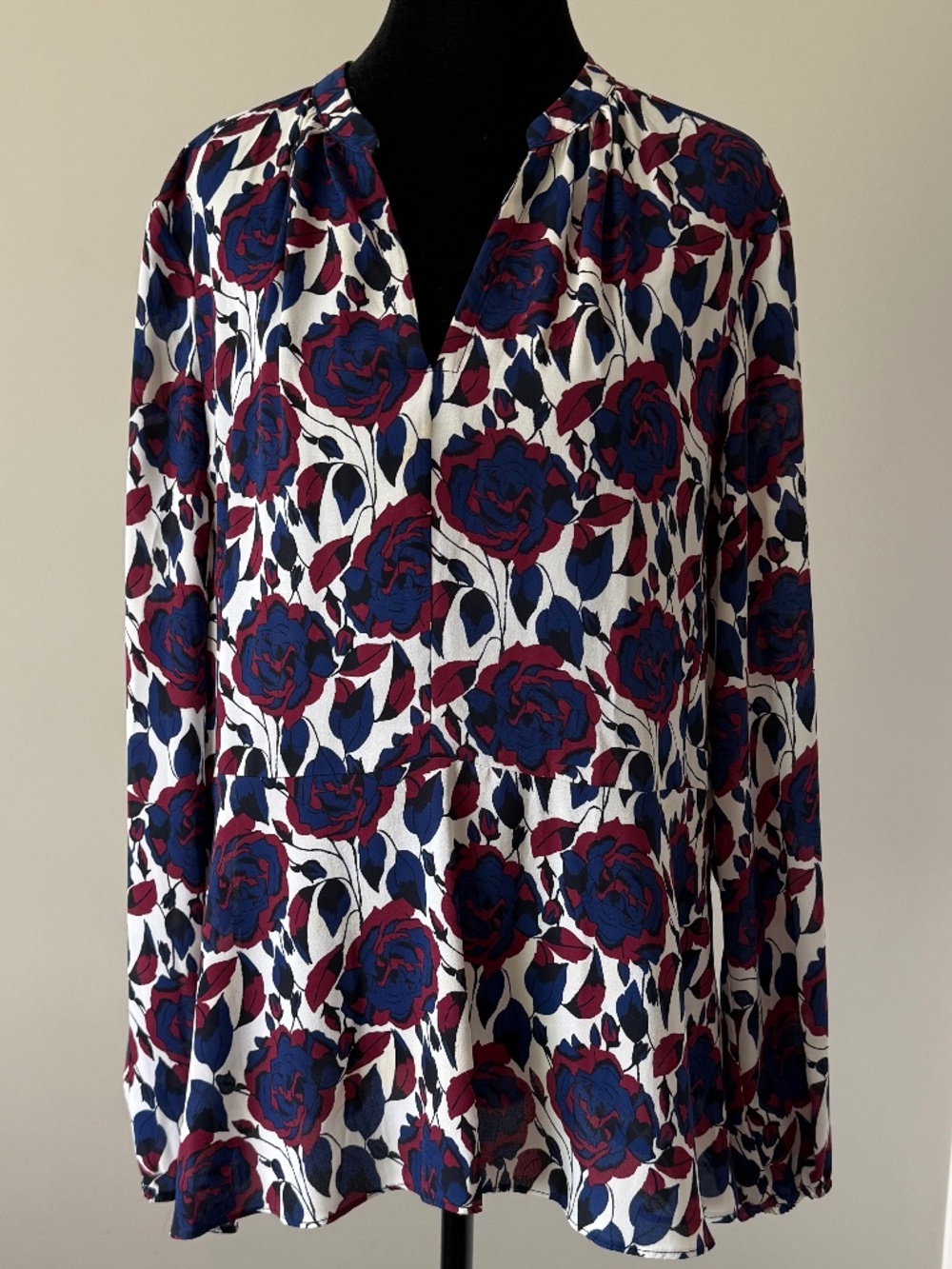 Never Worn Joe Fresh Floral Peplum Blouse M Navy Burgundy Rose Long Sleeve